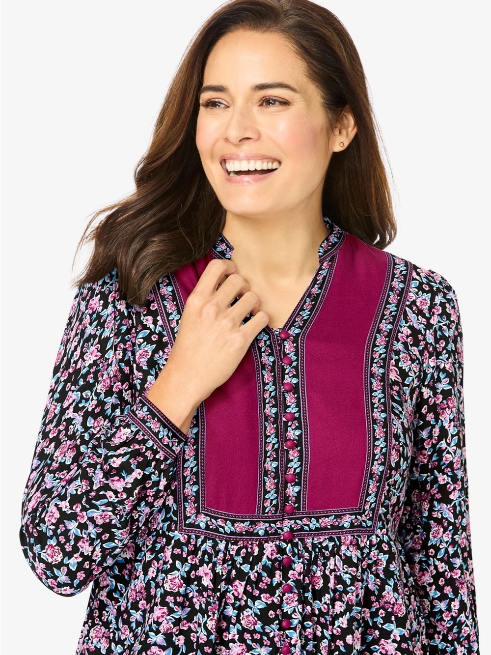 Woman Within Boho Floral Tunic Top 1X Magenta Pink Blue Rayon Peasant Blouse